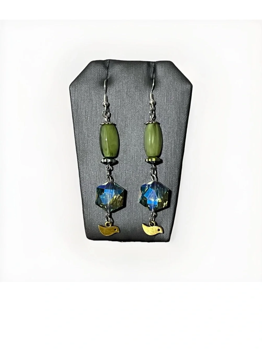 Handmade Beaded Dangle Earrings Olive Green Crystal Drop Gold Bird Charm Boho